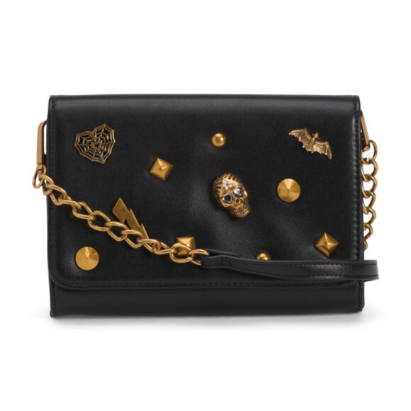 Betsey Johnson Black Crossbody bag with Gold Skulls and Bats - Picture 1 of 4